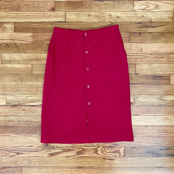 Vintage French Red Button Back Wool Pencil Skirt - Picture 1 of 10